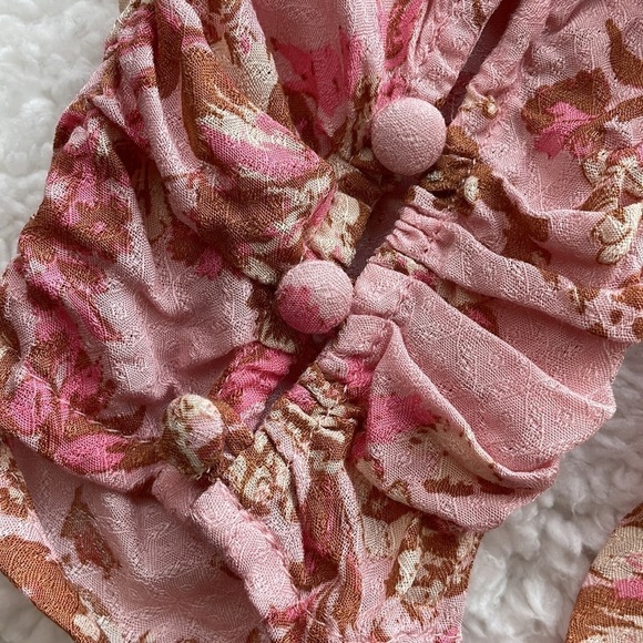 NWT - Free People Boho Hilary Pink Floral Smocked Cropped Top with Tie, Size L - Picture 7 of 9